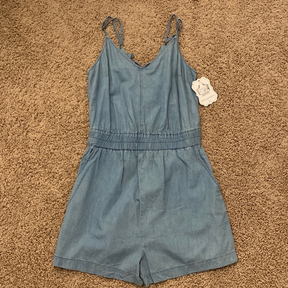 blue romper with cross string back from Entourage Clothing